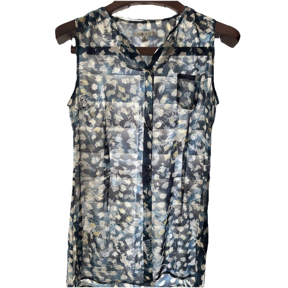 CAbi M Avery Sleeveless Tunic Blouse Blue Chiffon Button Up Side‎ Slit Spring - Picture 2 of 9